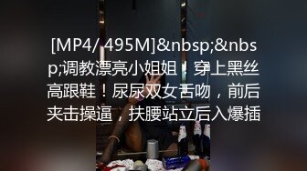 [MP4/ 495M]&nbsp;&nbsp;调教漂亮小姐姐！穿上黑丝高跟鞋！尿尿双女舌吻，前后夹击操逼，扶腰站立后入爆插